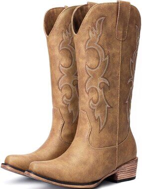 Women's Tan Embroidered Cowgirl Boots Western Mid Calf Fashion Chunky Heel